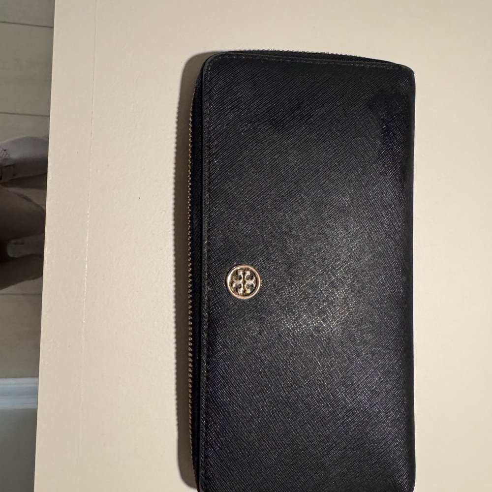 Tory Burch Black Saffiano Zip-Around Wallet with Gold Logo